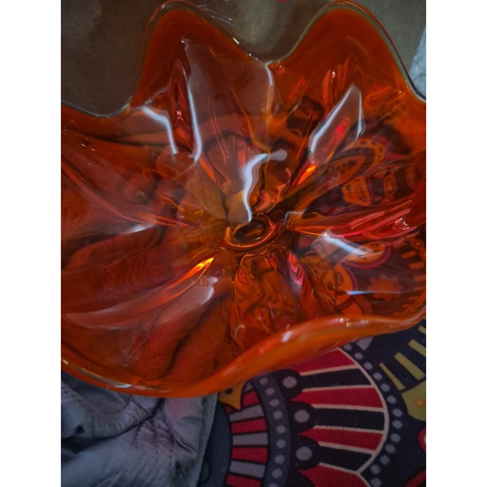 Vintag Viking Art Glass Centerpiec Amberina Persimmon Epic 6 Petal Orange